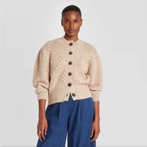 Who What Wear Tan Cardigan Button Down Puff Sleeves Wool Blend Large